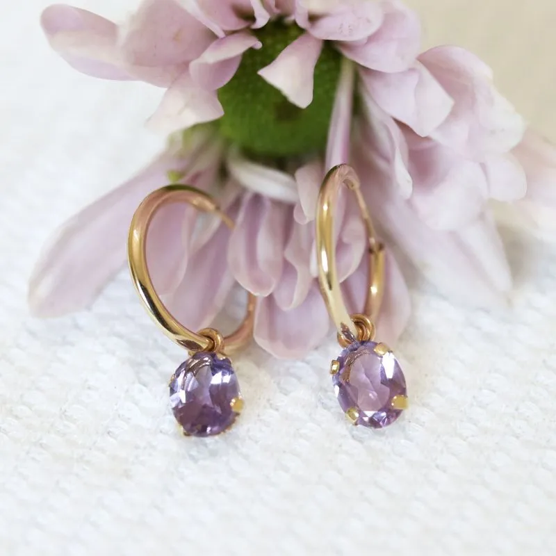 14K Yellow Gold Hoop Earrings with Oval Amethyst Stones