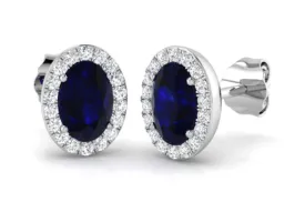 18ct White Gold 1.05ct Blue Sapphire And 0.17ct Diamond Halo Stud Earrings