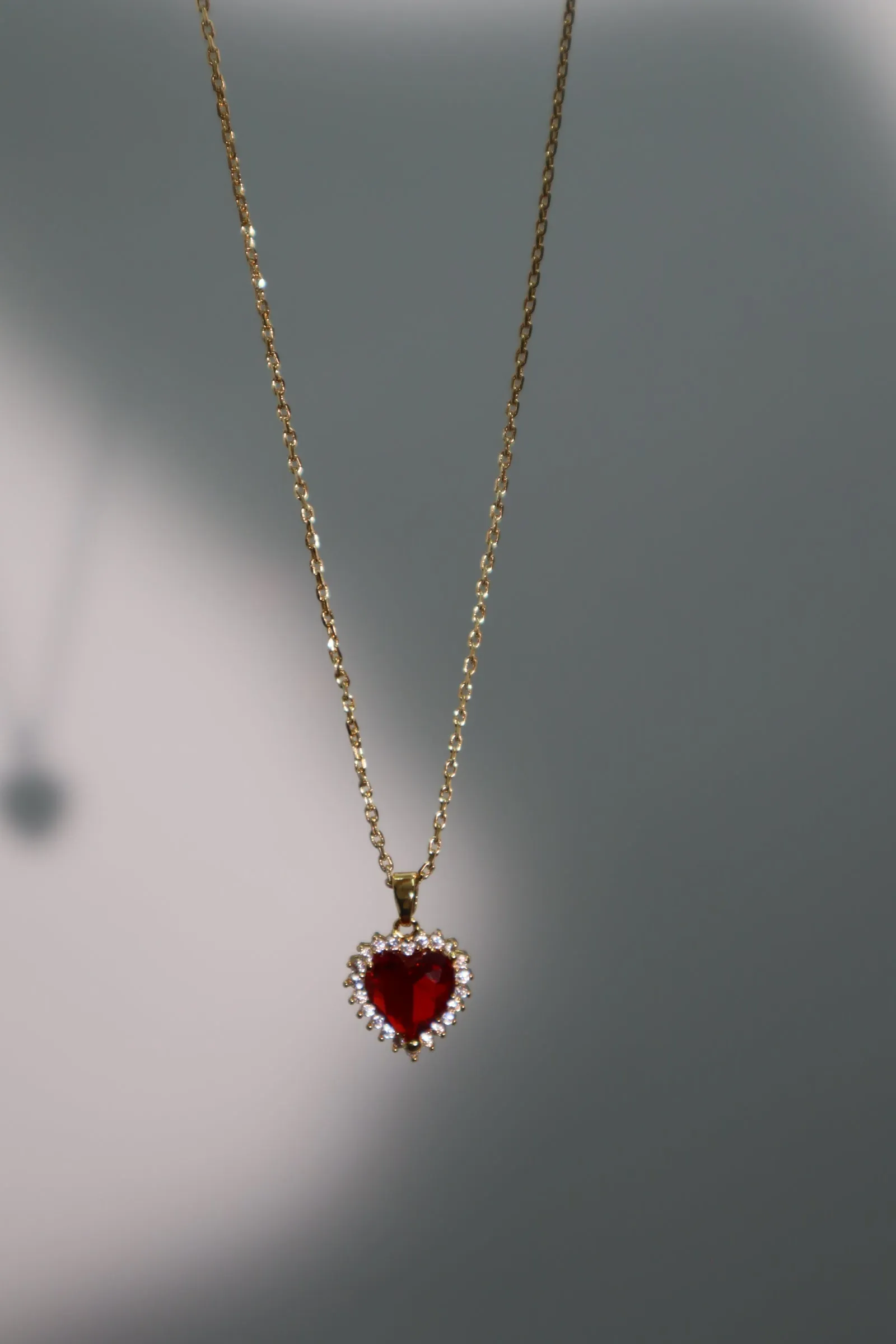 18K Real Gold Plated Red Gem Diamond Heart Necklace