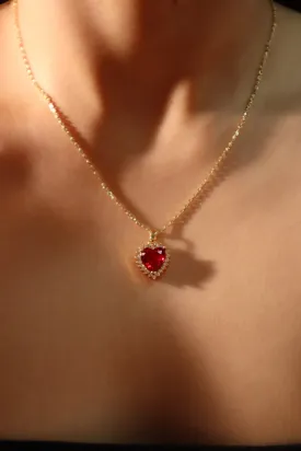 18K Real Gold Plated Red Gem Diamond Heart Necklace