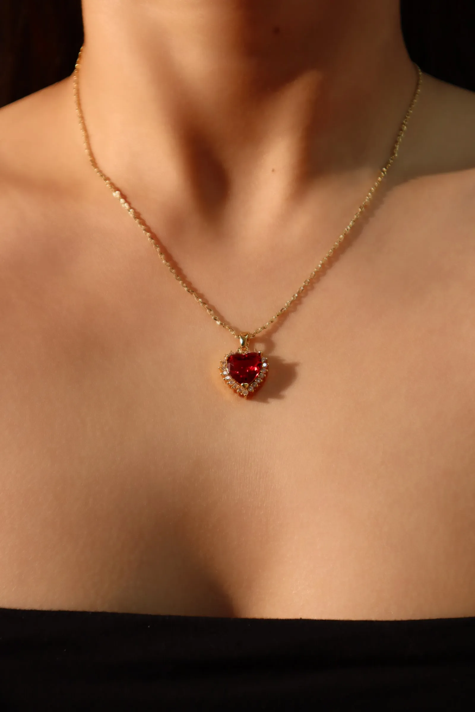 18K Real Gold Plated Red Gem Diamond Heart Necklace