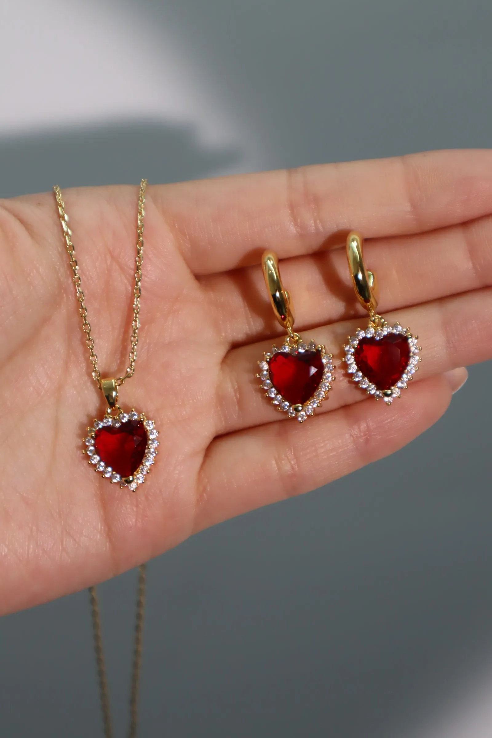 18K Real Gold Plated Red Gem Diamond Heart Necklace