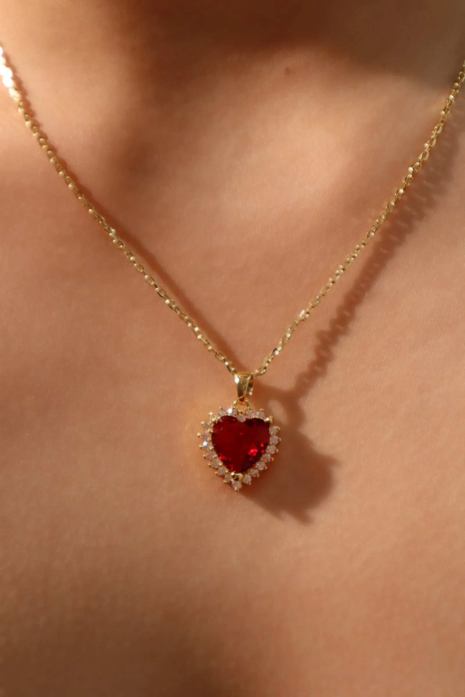 18K Real Gold Plated Red Gem Diamond Heart Necklace