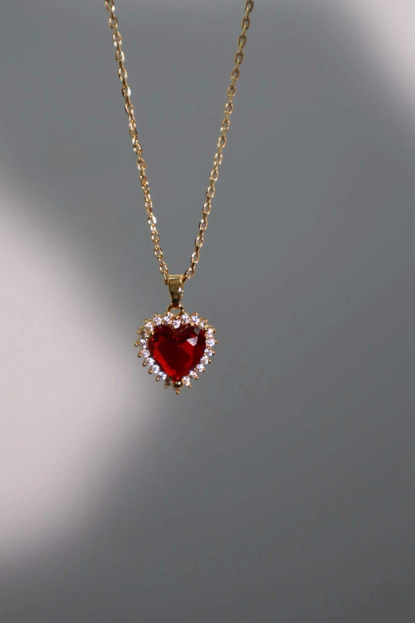 18K Real Gold Plated Red Gem Diamond Heart Necklace