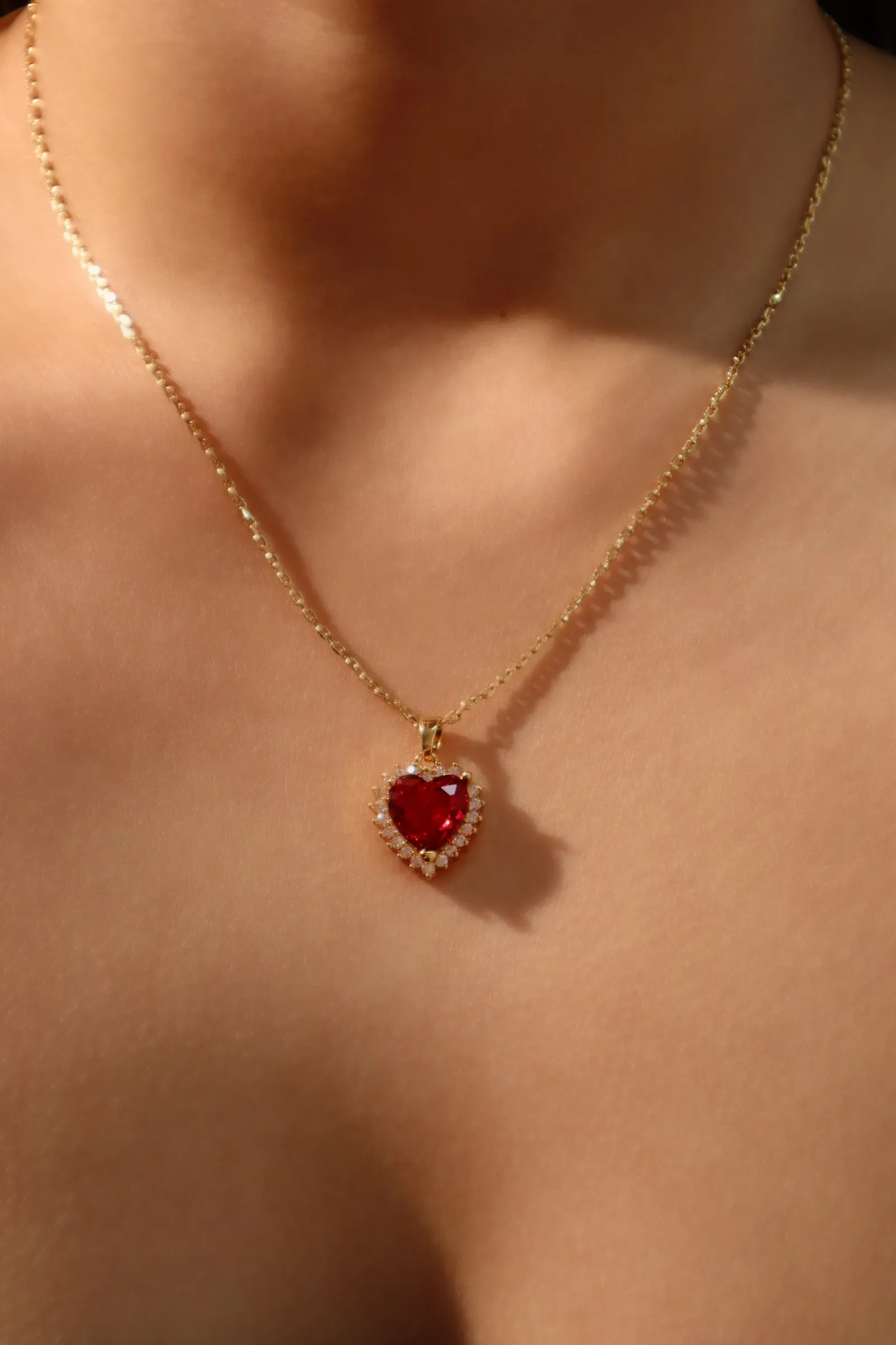 18K Real Gold Plated Red Gem Diamond Heart Necklace