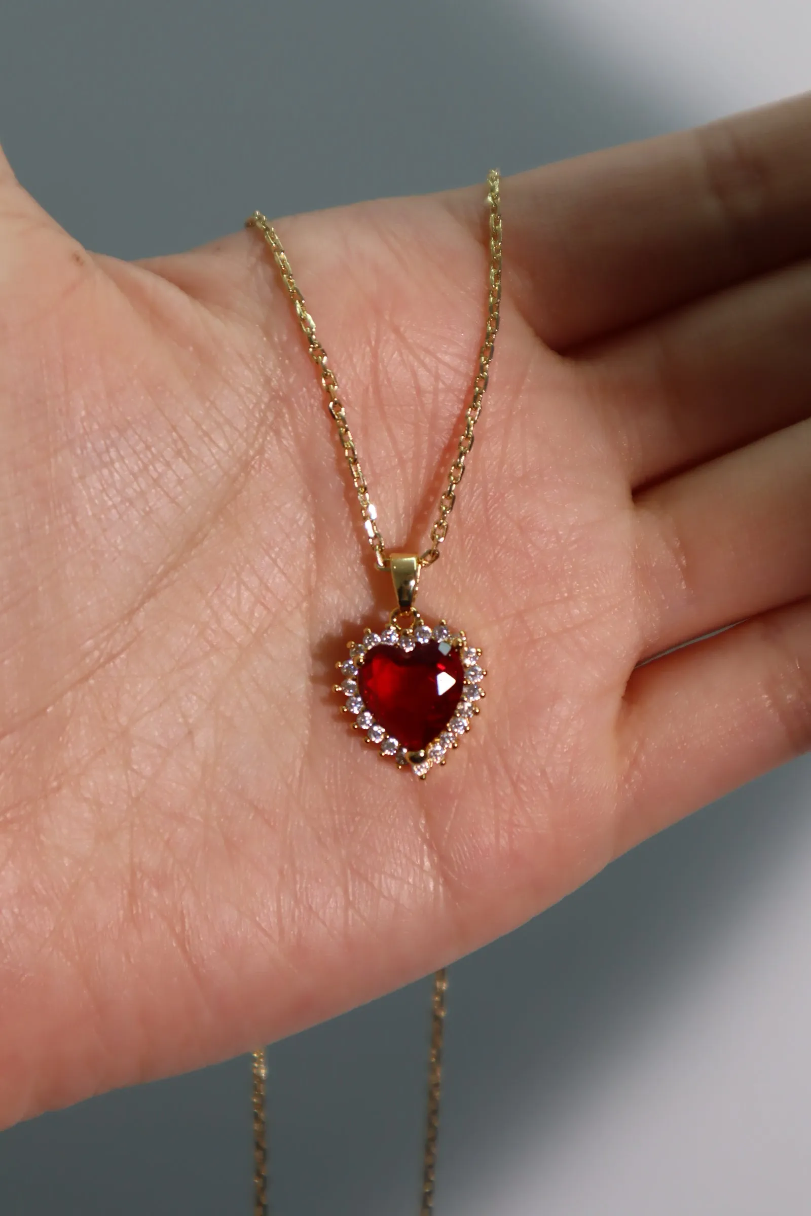 18K Real Gold Plated Red Gem Diamond Heart Necklace