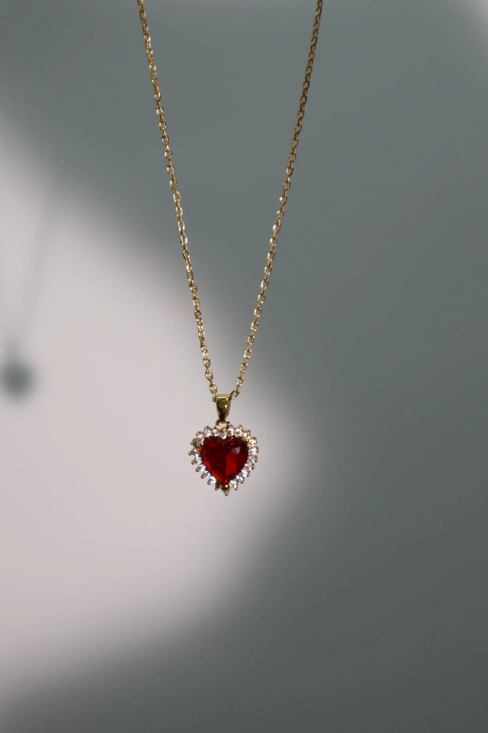 18K Real Gold Plated Red Gem Diamond Heart Necklace