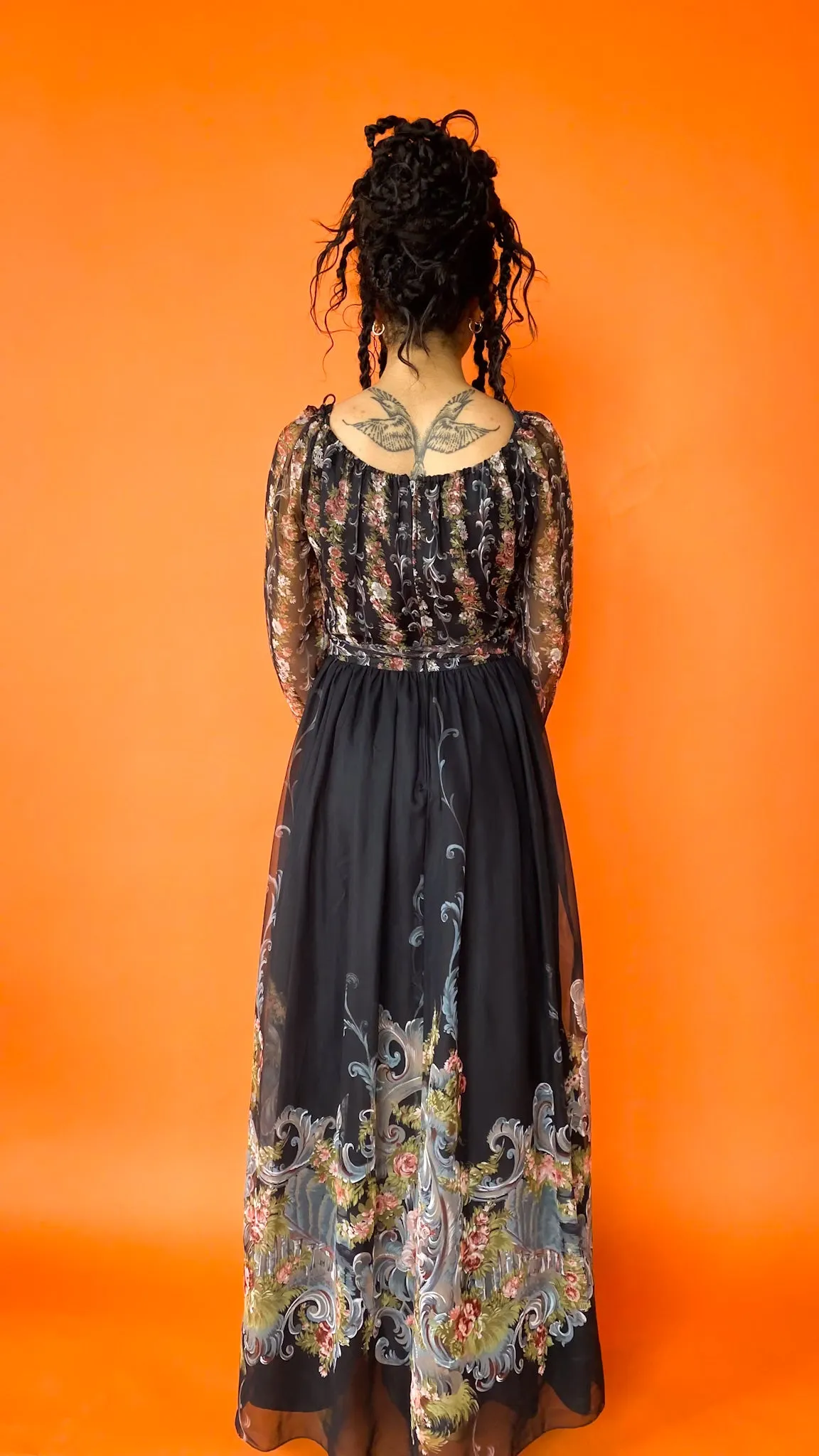 1970s Sheer Sleeve Black Floral Print Dress sz. S