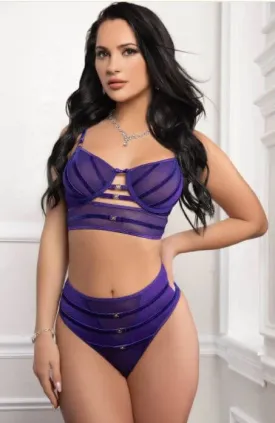 2-Piece Satin Straps Bra and High Waist Panty Set - Royal Purple | Lace & Mesh Design