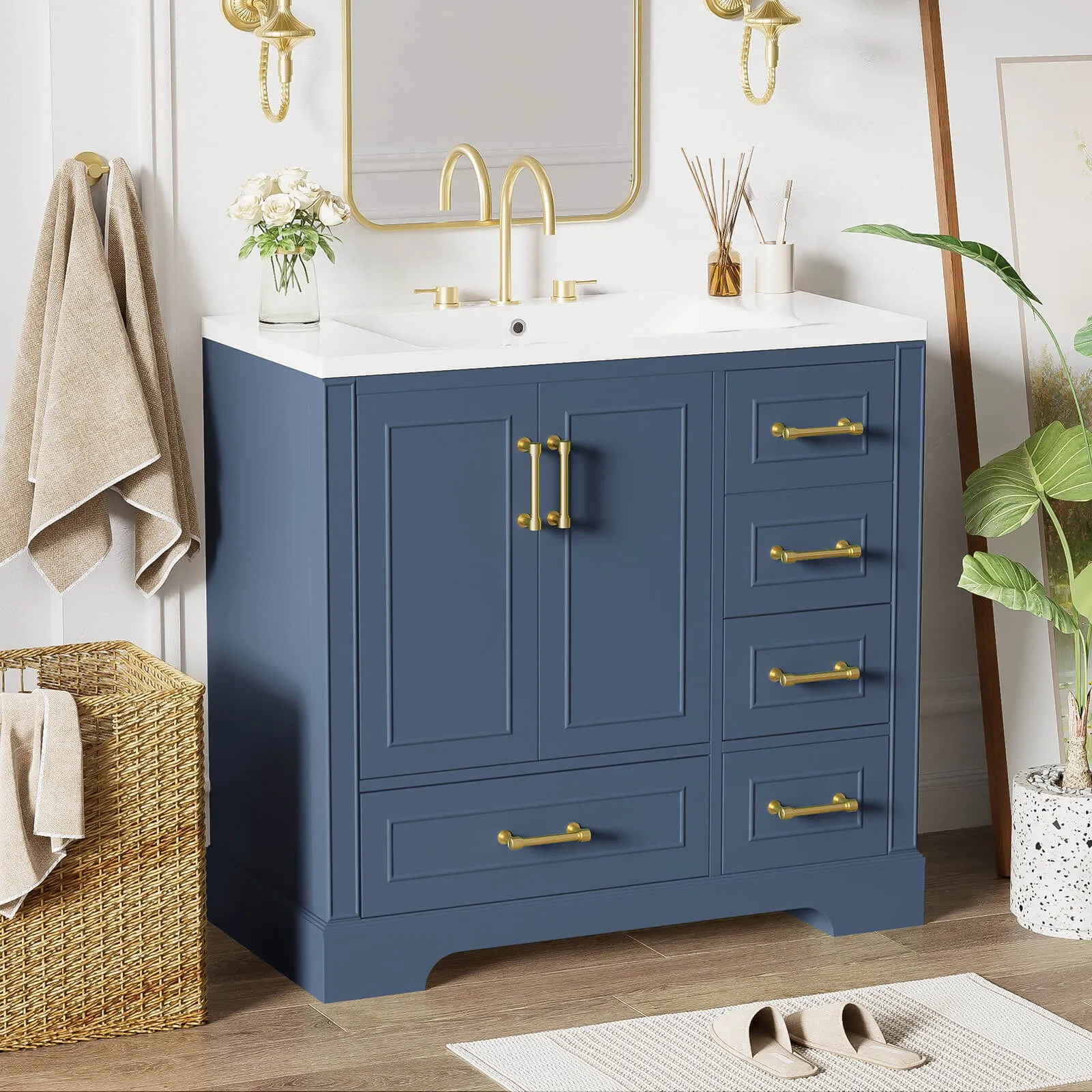 36" Traditional Blue Bathroom Vanity with Resin Sink