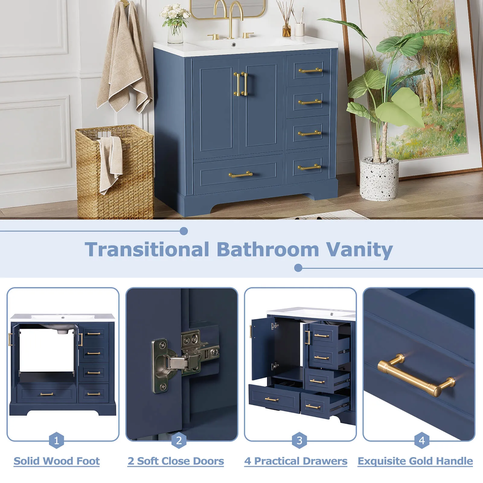 36" Traditional Blue Bathroom Vanity with Resin Sink