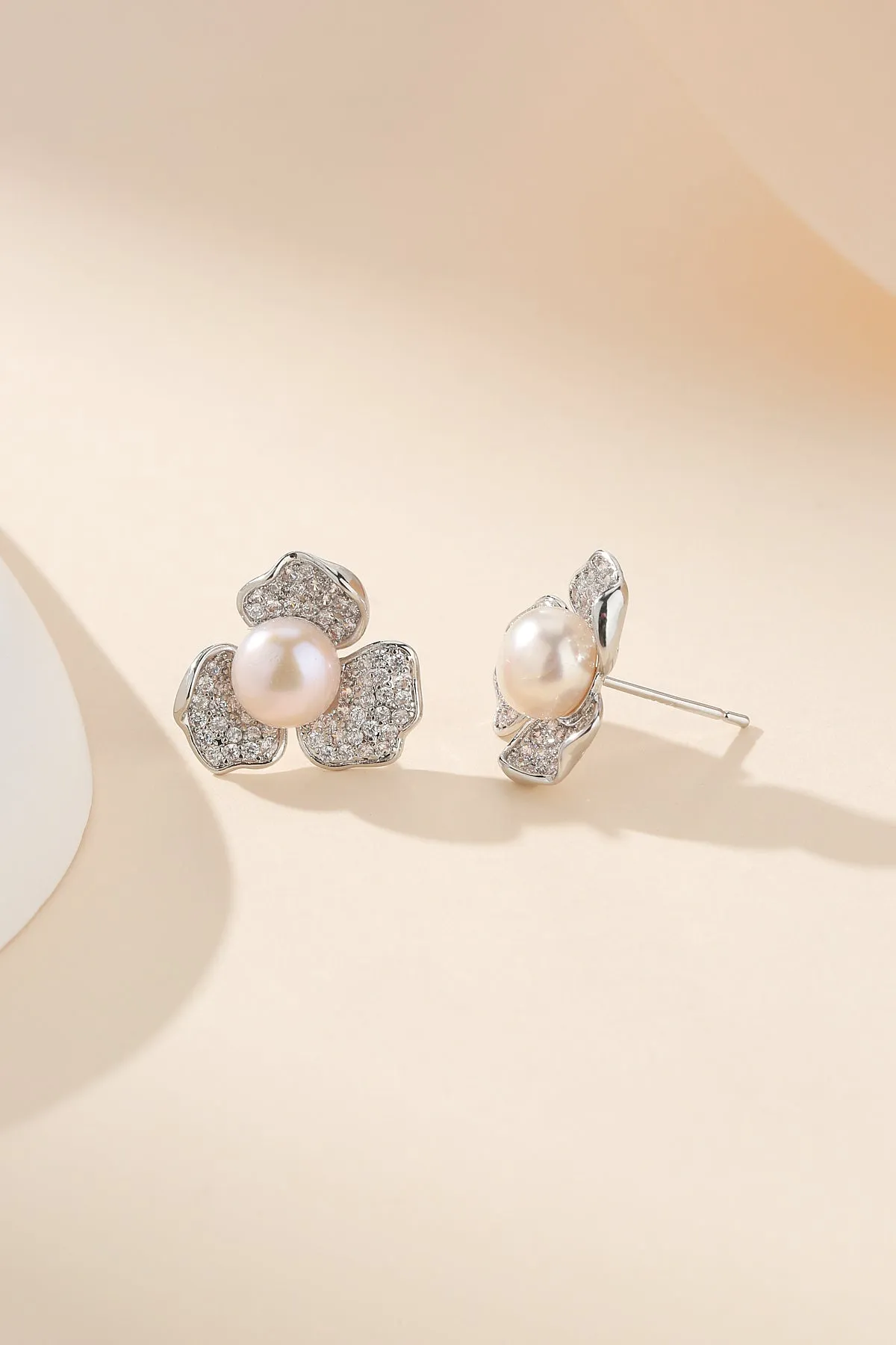 5-5.5mm Cubic Zirconia Floral Pearl Earrings