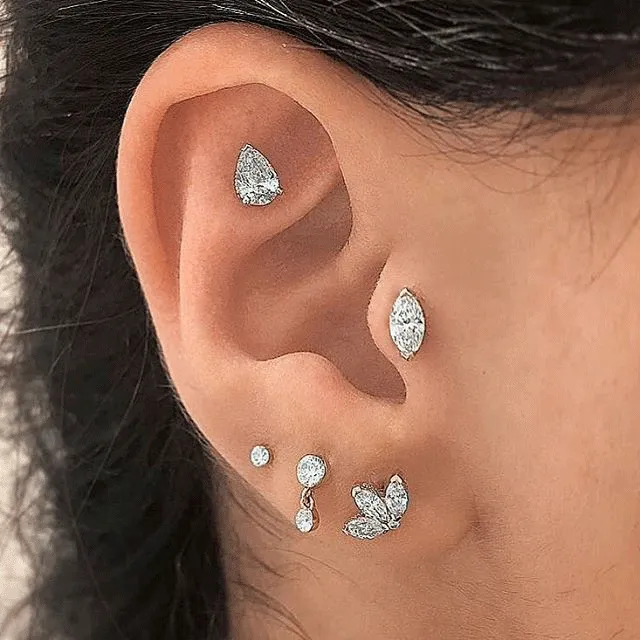 6x4mm Diamond Pear Threaded Stud Earring with 2.5mm Diamond Flat Stud Backing by Maria Tash in 14K White Gold. Flat Stud.