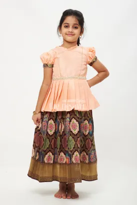 AGJ. Peach and Green Viscose Silk Peplum Top with Placement Print Skirt for Girls