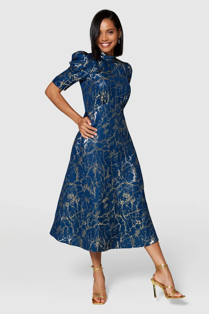 AISLING TIE BACK A-LINE MIDI DRESS (NAVY/GOLD)