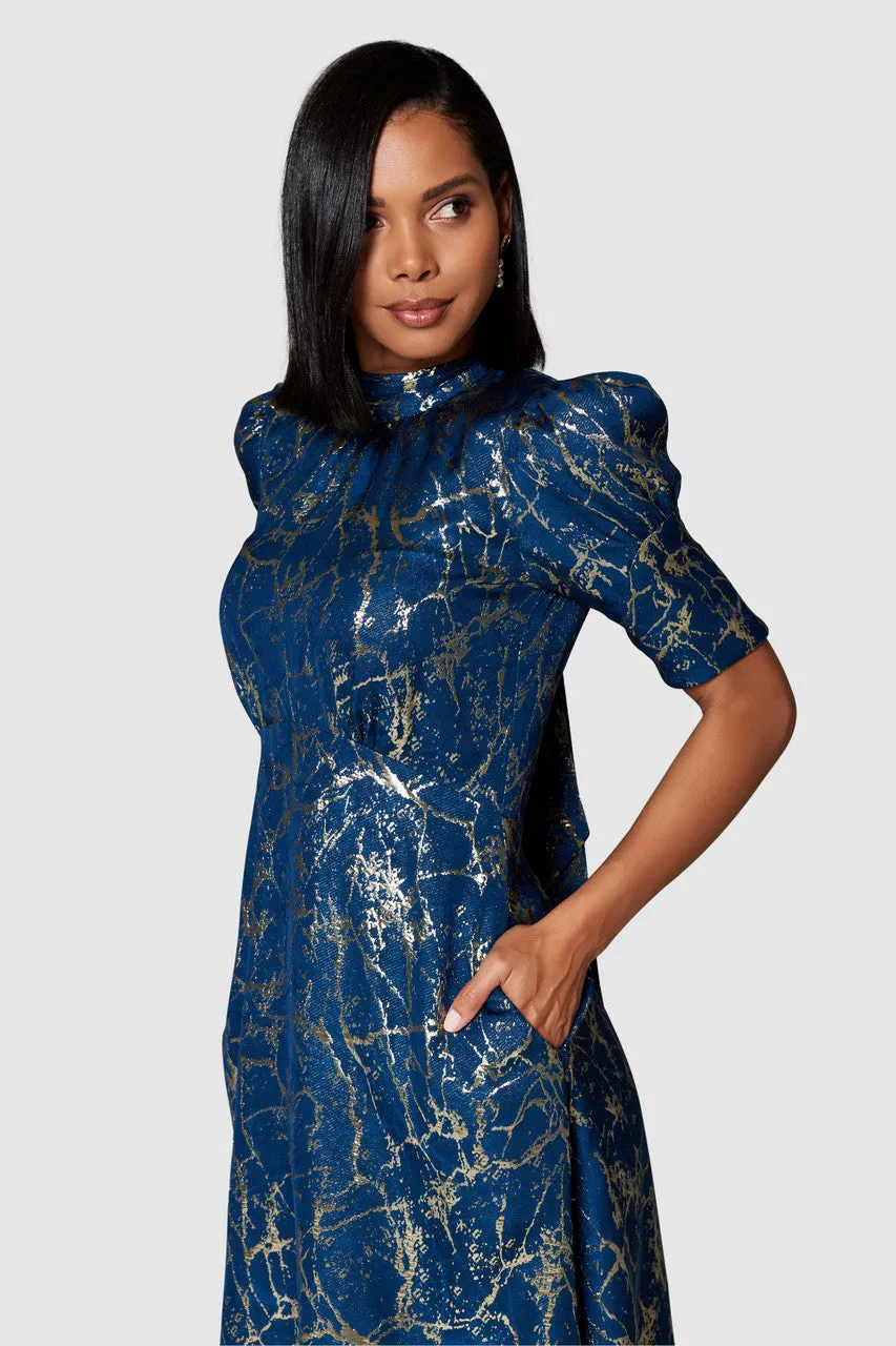 AISLING TIE BACK A-LINE MIDI DRESS (NAVY/GOLD)