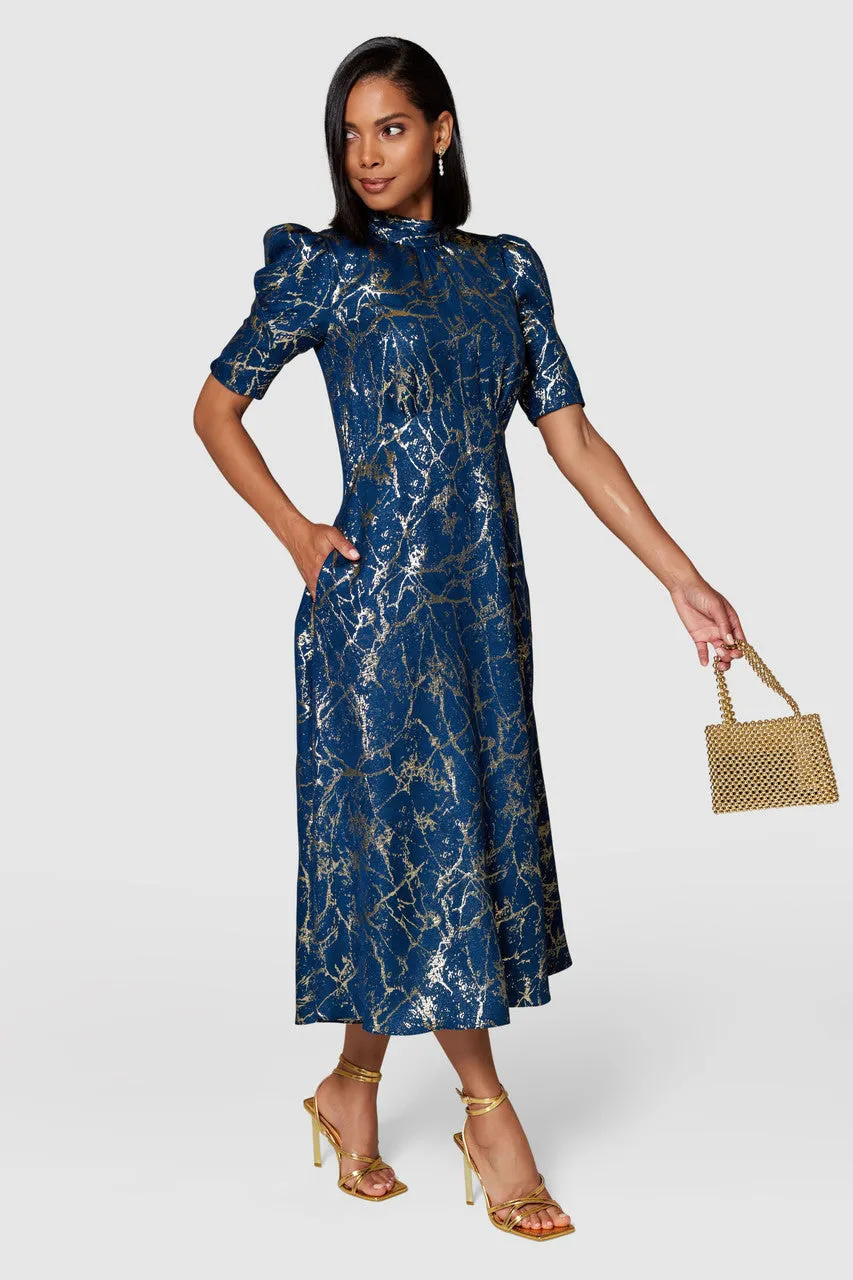 AISLING TIE BACK A-LINE MIDI DRESS (NAVY/GOLD)