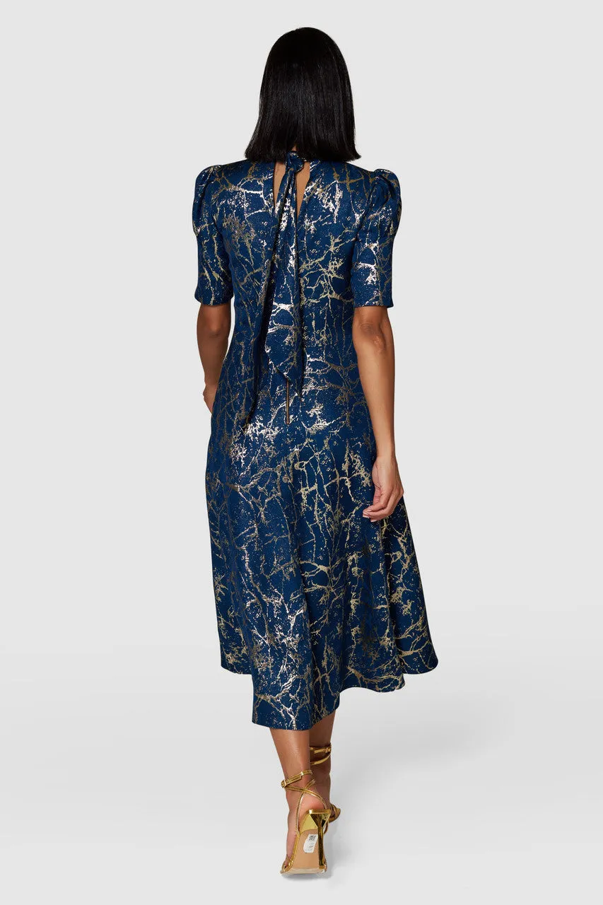 AISLING TIE BACK A-LINE MIDI DRESS (NAVY/GOLD)