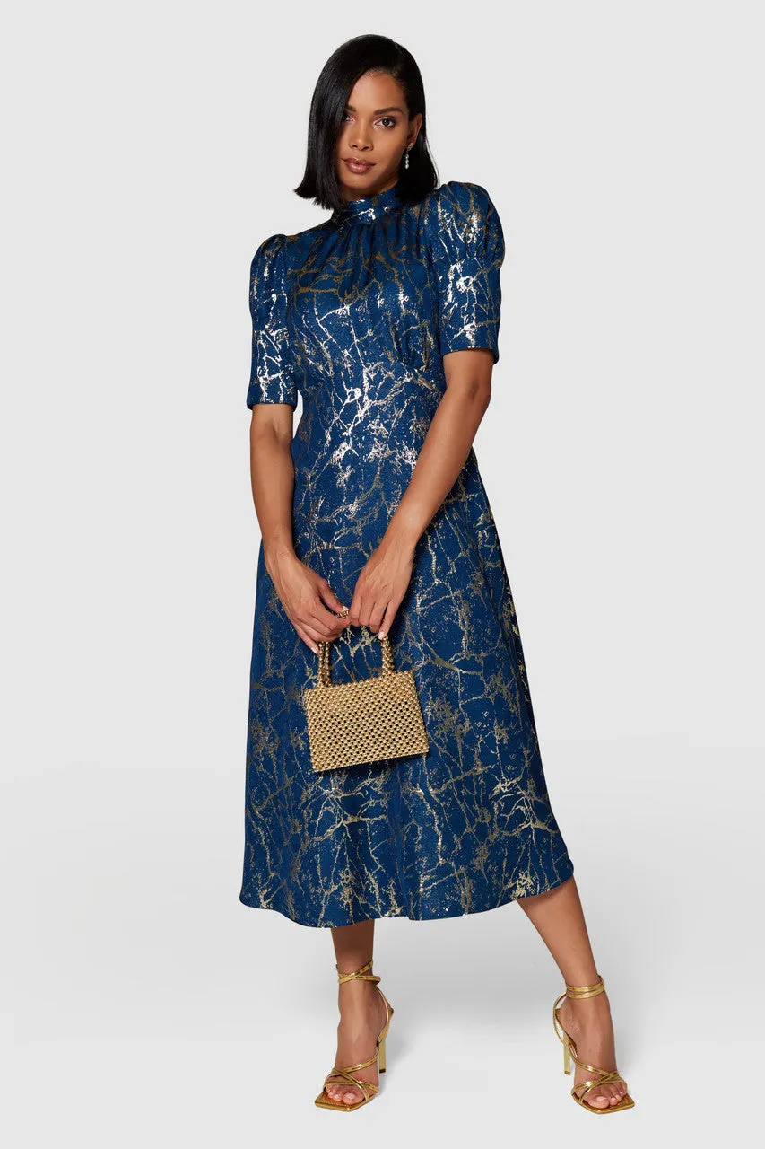 AISLING TIE BACK A-LINE MIDI DRESS (NAVY/GOLD)