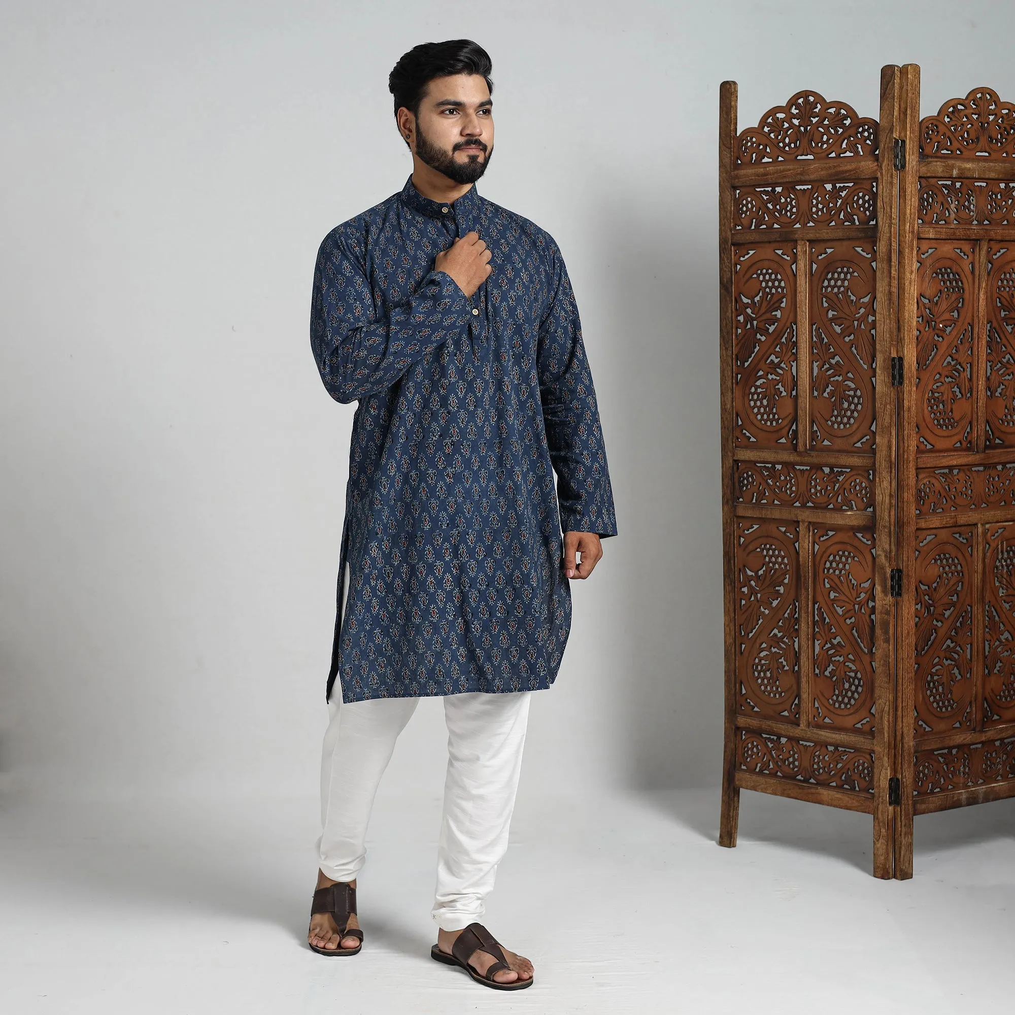 Ajrakh Block Printed Cotton Men Long Kurta 13