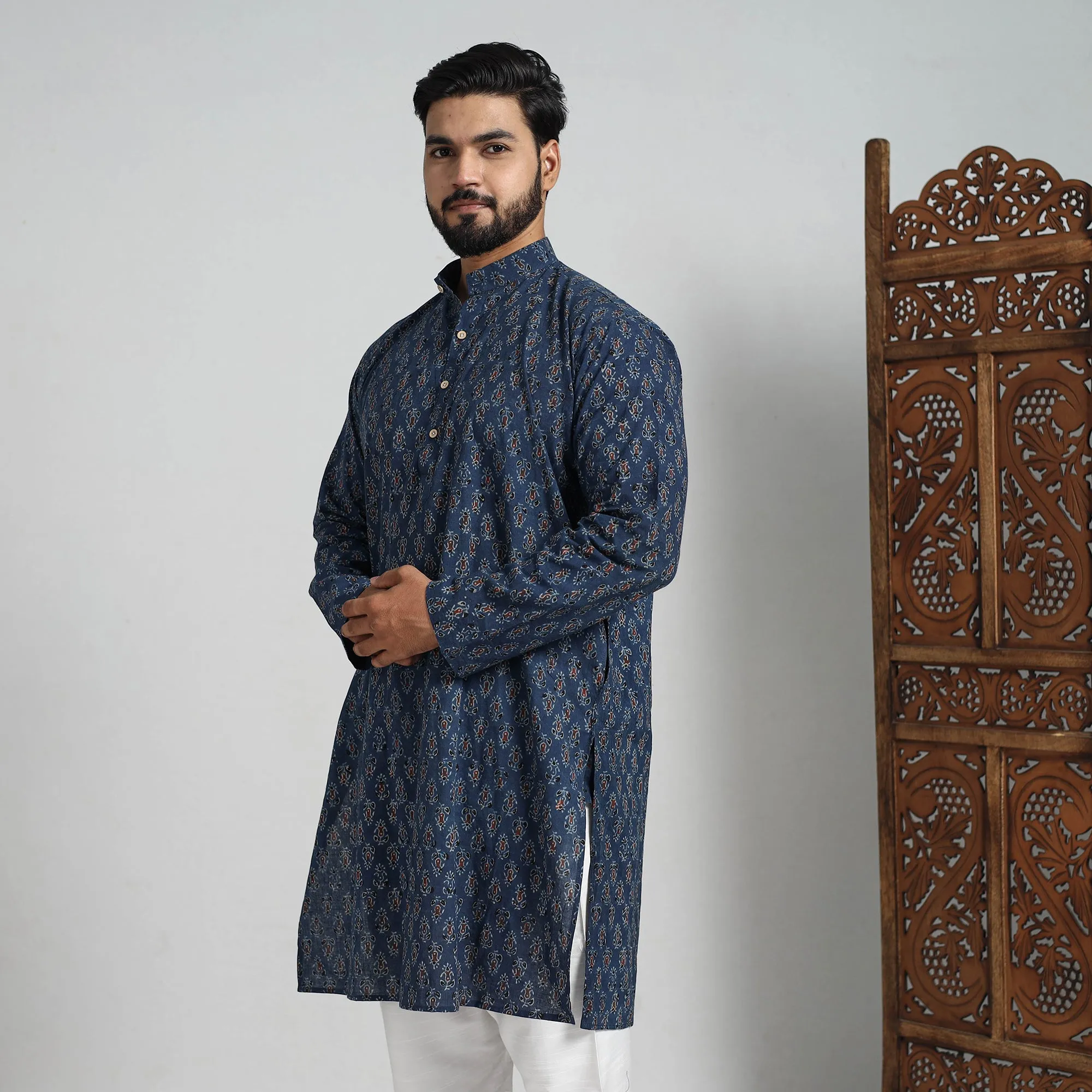 Ajrakh Block Printed Cotton Men Long Kurta 13