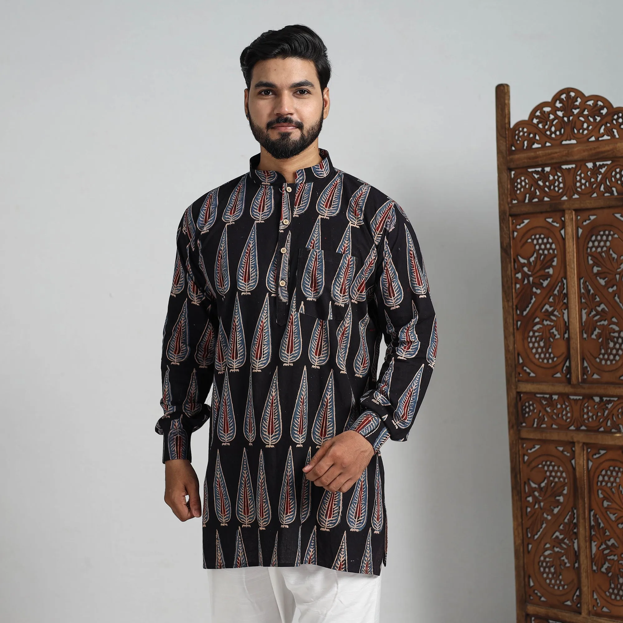 Ajrakh Block Printed Cotton Men Short Kurta 03