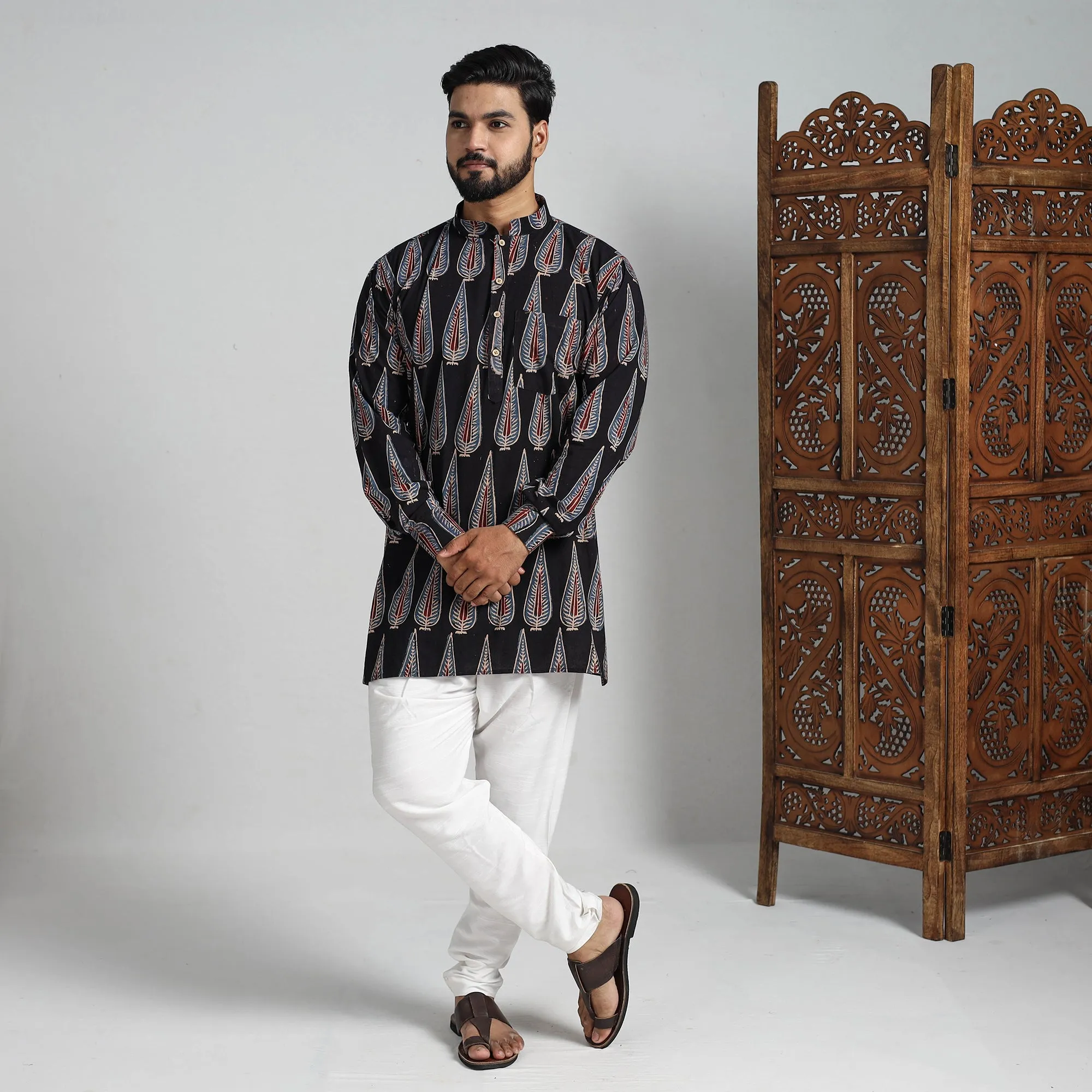 Ajrakh Block Printed Cotton Men Short Kurta 03