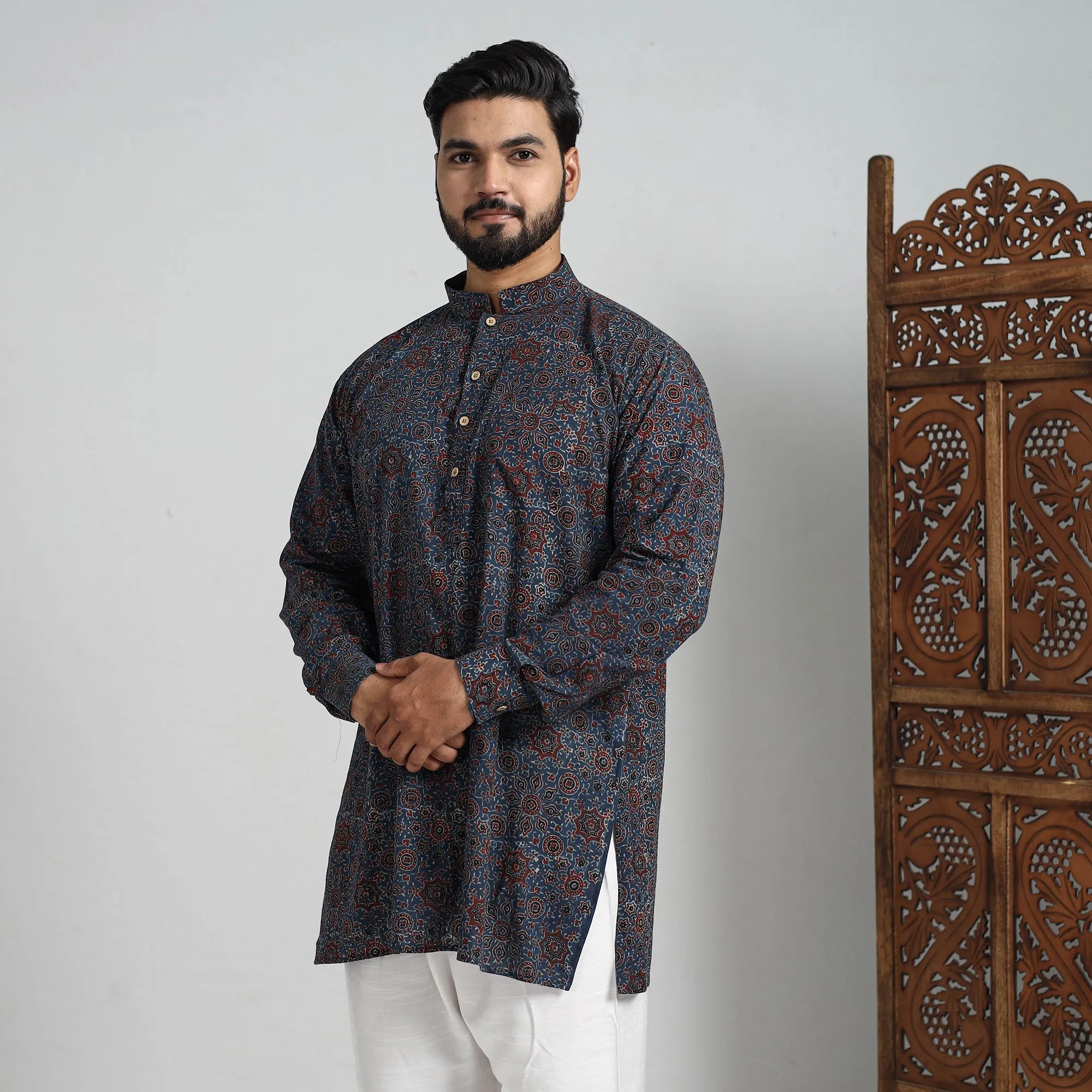 Ajrakh Block Printed Cotton Men Short Kurta 06