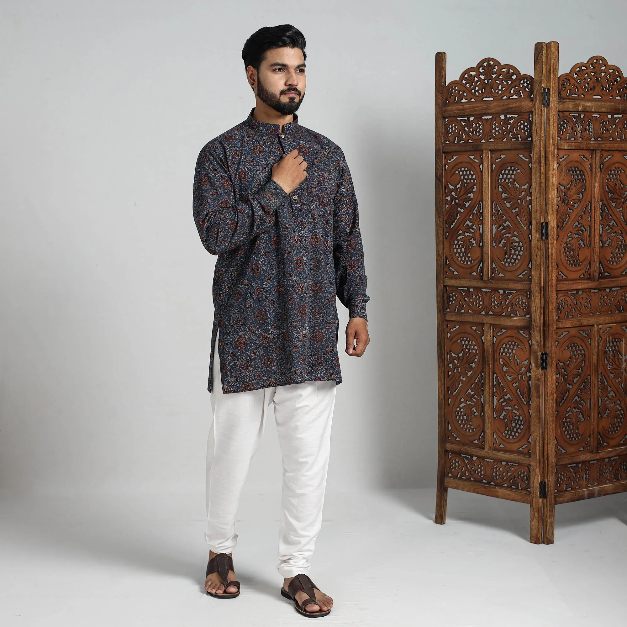 Ajrakh Block Printed Cotton Men Short Kurta 06