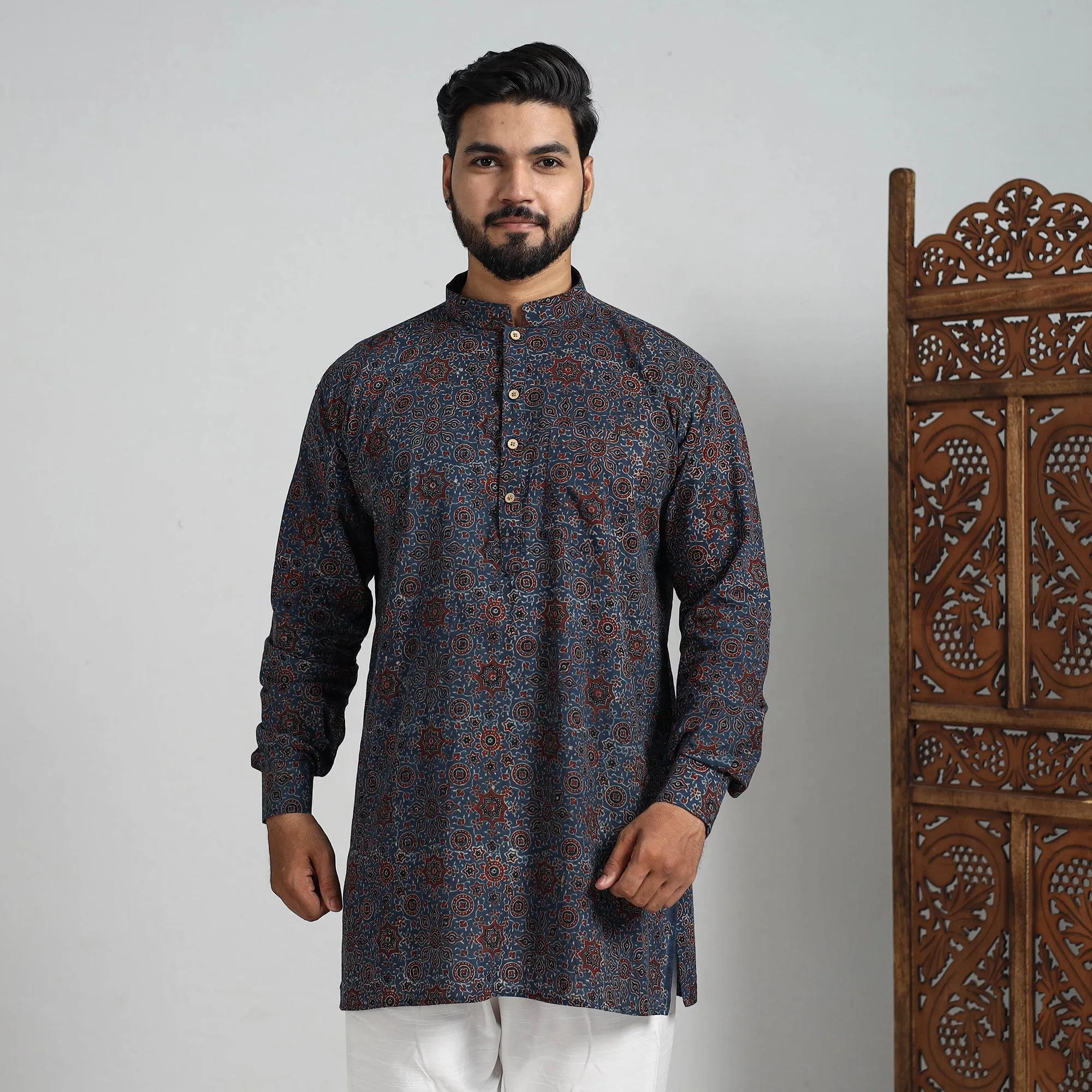 Ajrakh Block Printed Cotton Men Short Kurta 06