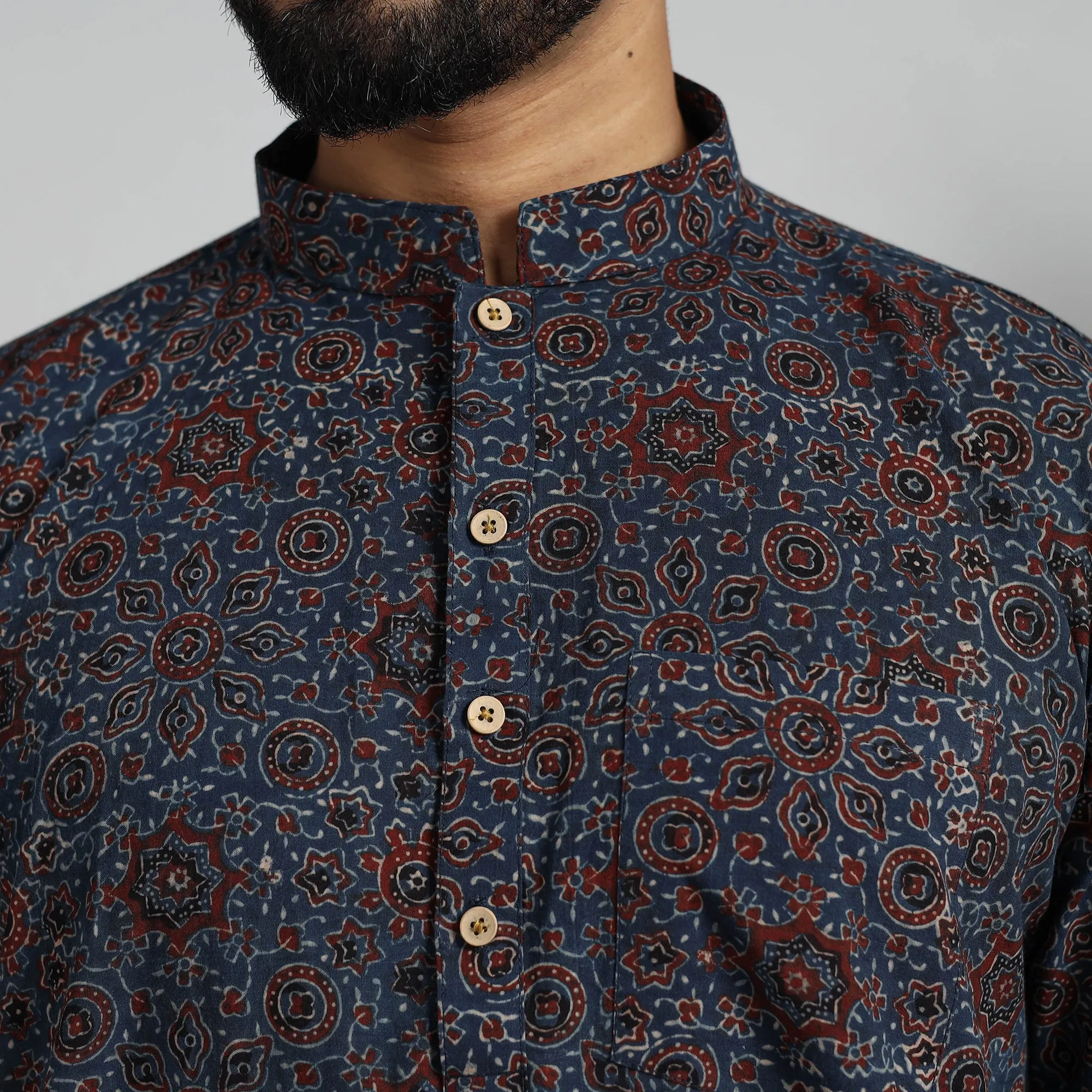 Ajrakh Block Printed Cotton Men Short Kurta 06