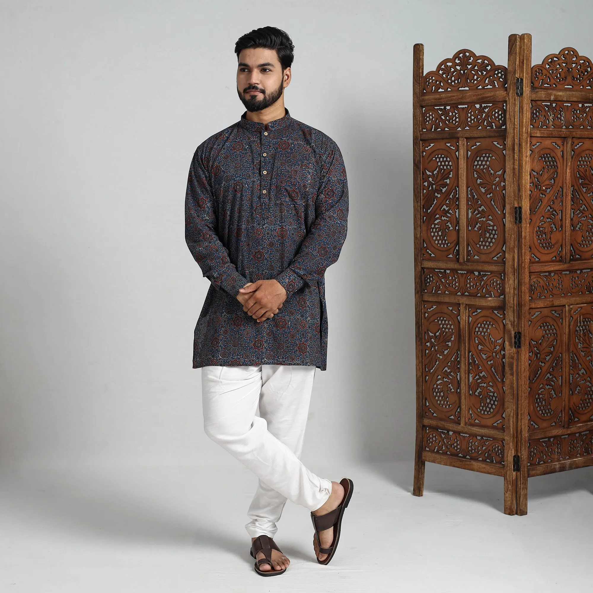 Ajrakh Block Printed Cotton Men Short Kurta 06