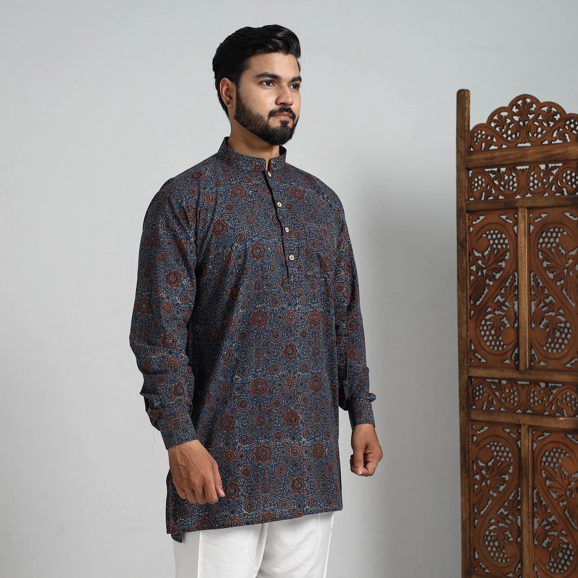 Ajrakh Block Printed Cotton Men Short Kurta 06