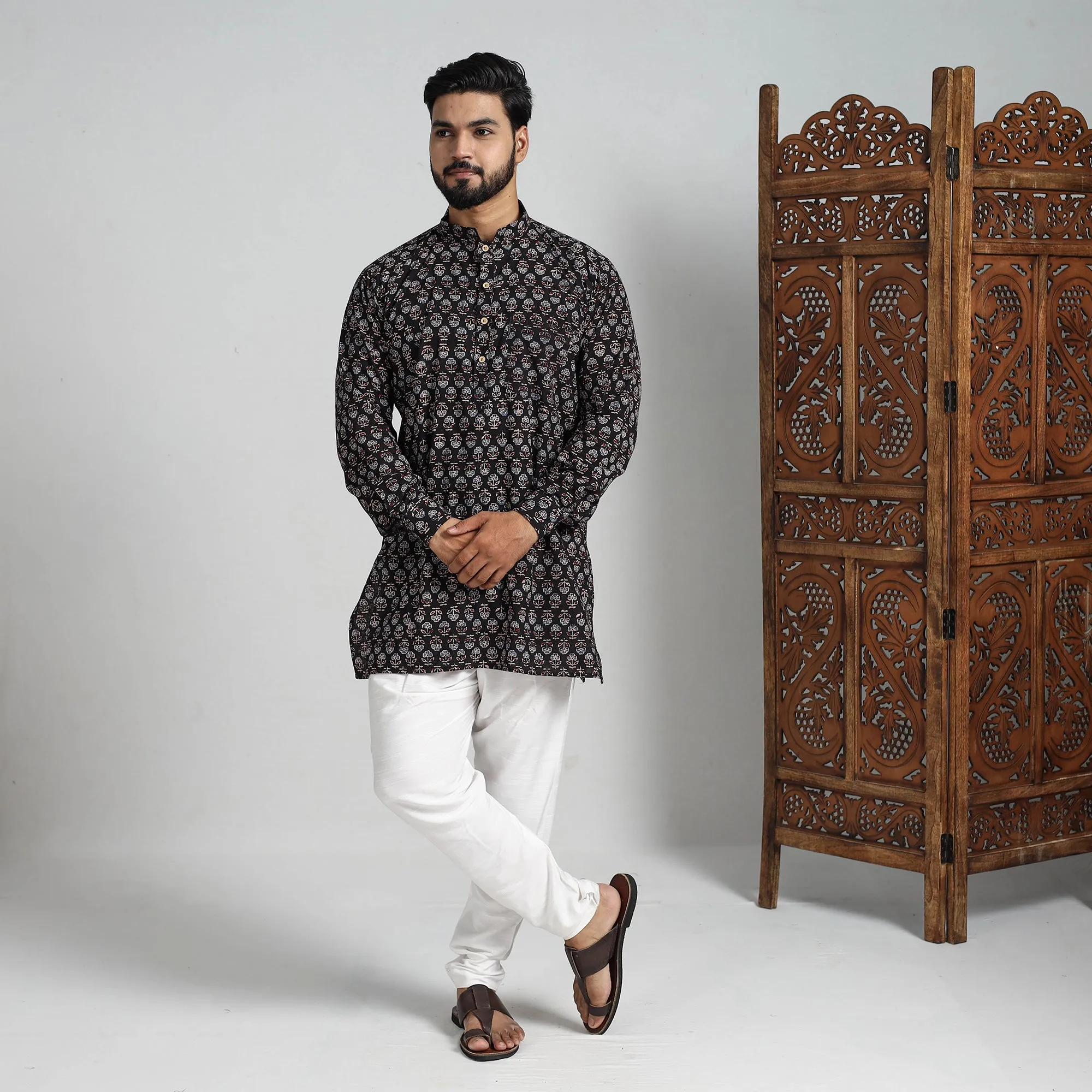 Ajrakh Block Printed Cotton Men Short Kurta 08