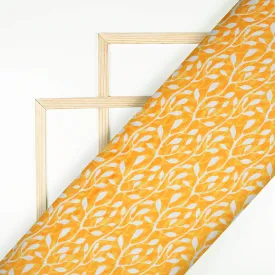 Amber Yellow And White Leaf Pattern Digital Print Lush Satin Fabric