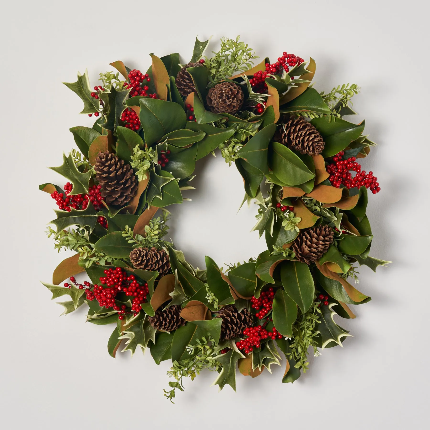 American Holiday - Magnolia, Holly, Red Berry & Pinecone Front Door Christmas Estate Wreath