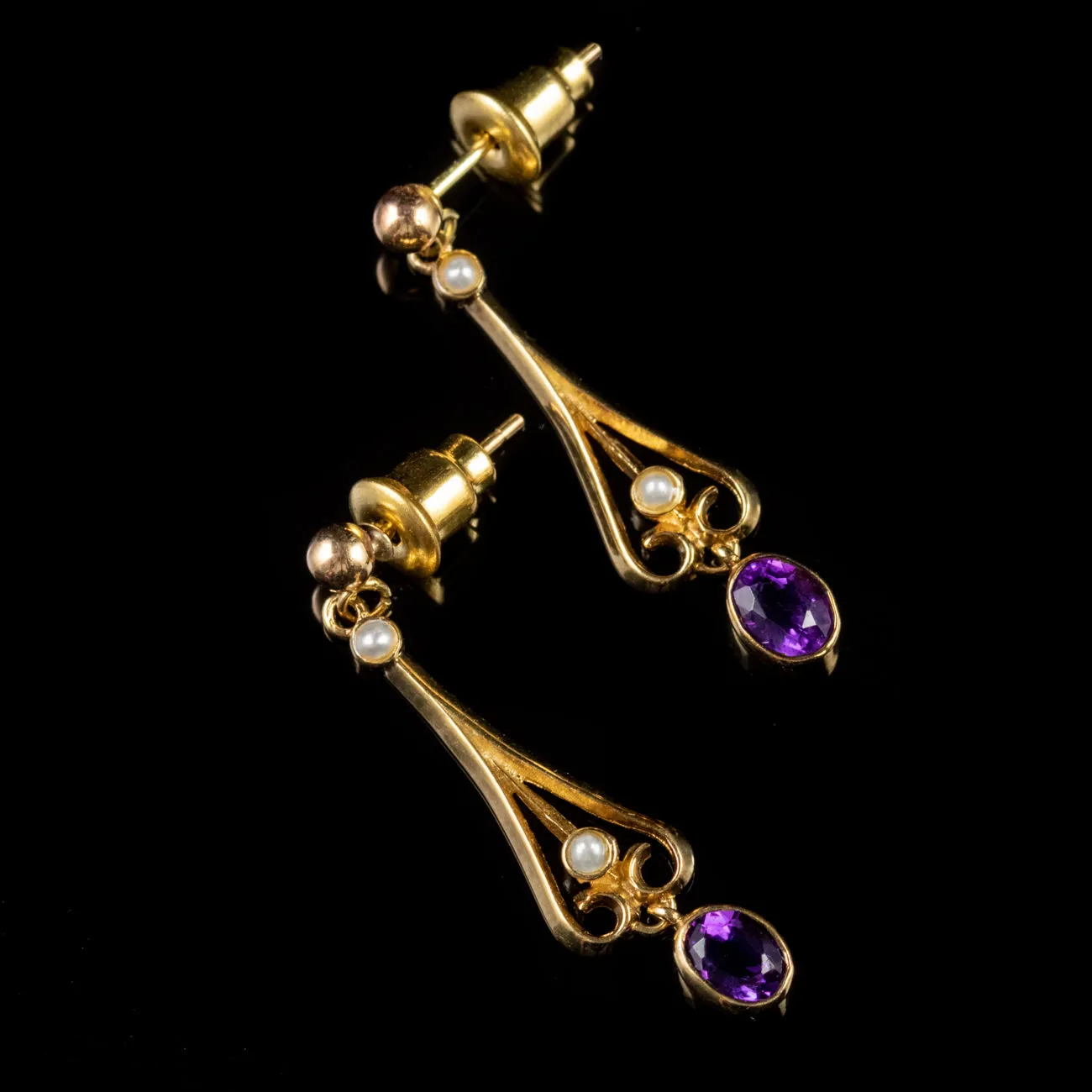 Amethyst Pearl Drop Earrings 9Ct Gold