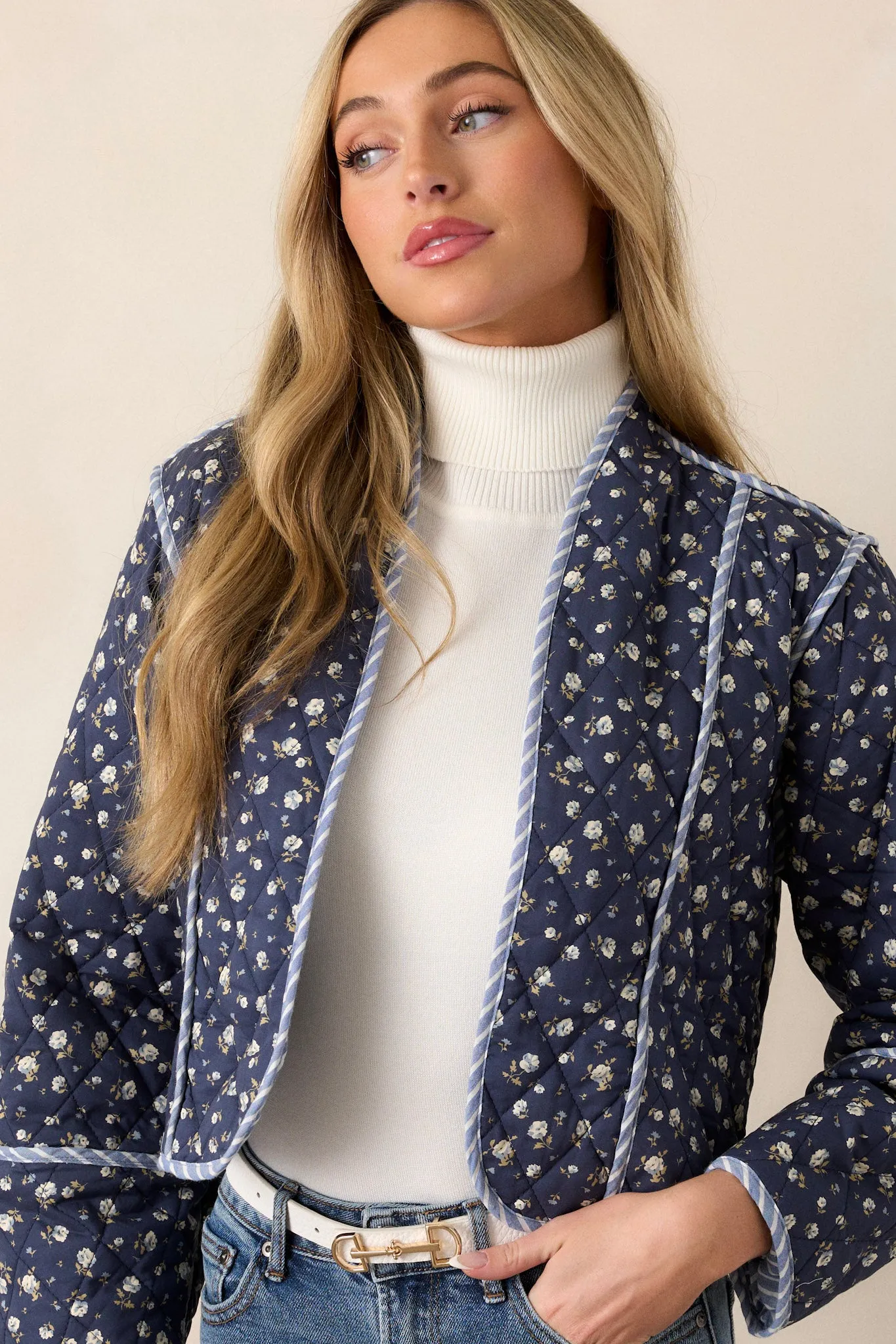 Anywhere But Here 100% Cotton Navy Floral Quilted Jacket