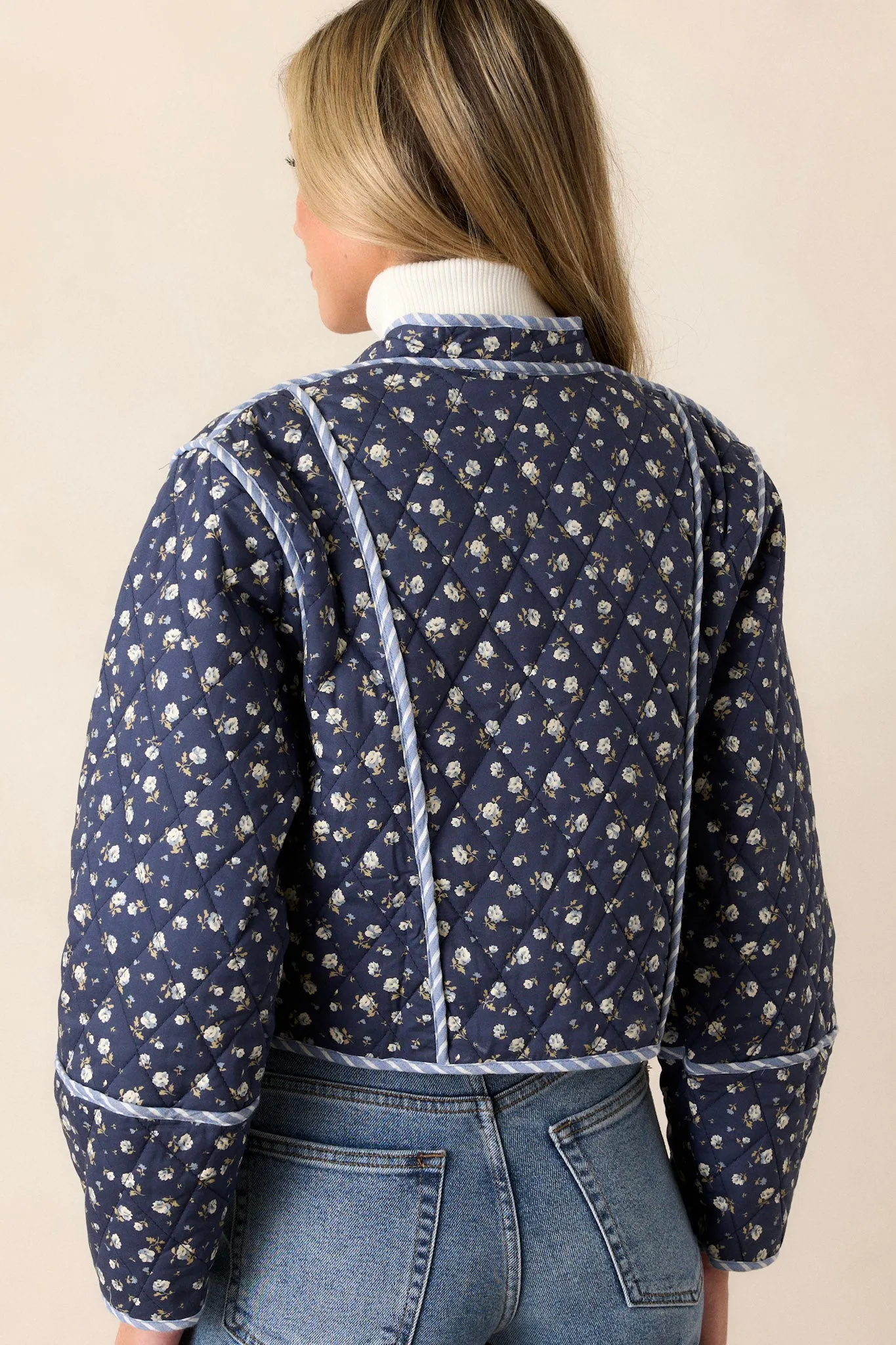 Anywhere But Here 100% Cotton Navy Floral Quilted Jacket