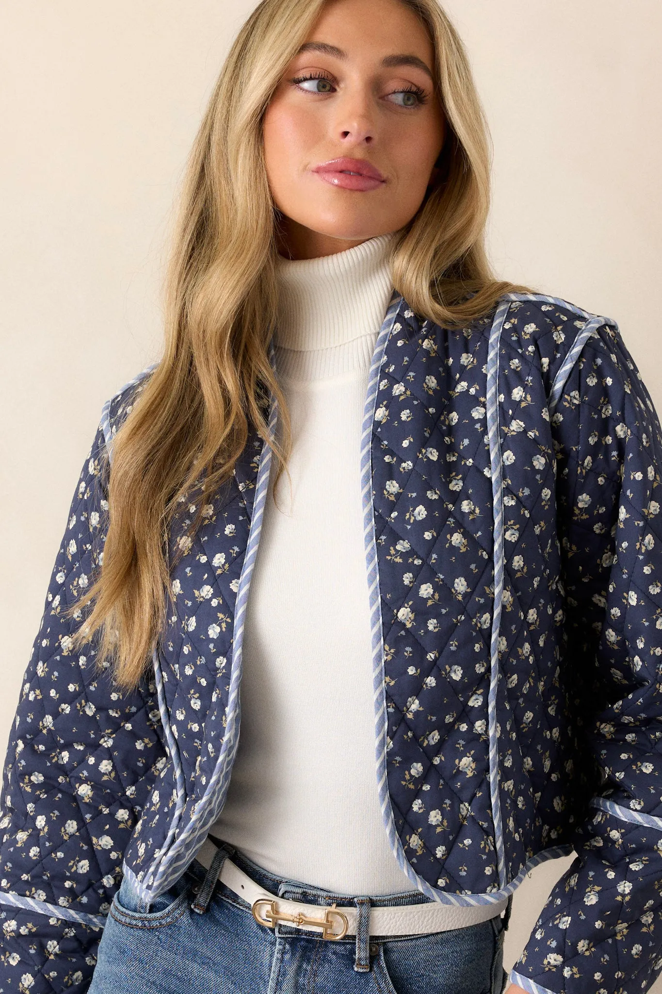 Anywhere But Here 100% Cotton Navy Floral Quilted Jacket