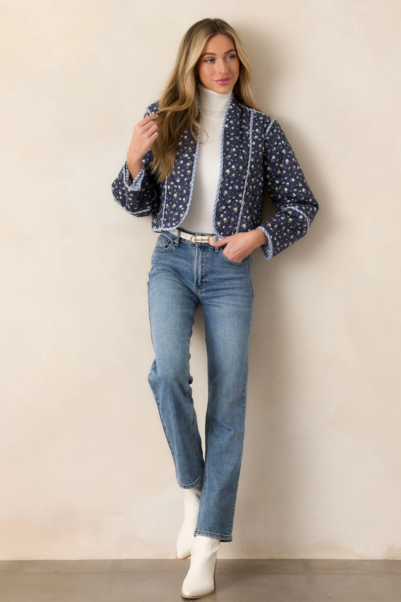 Anywhere But Here 100% Cotton Navy Floral Quilted Jacket