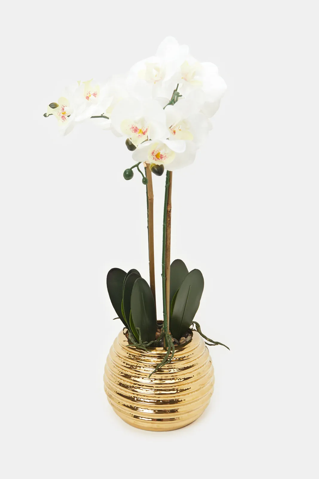 Artificial Orchid Flower In Gold Ceramic Pot