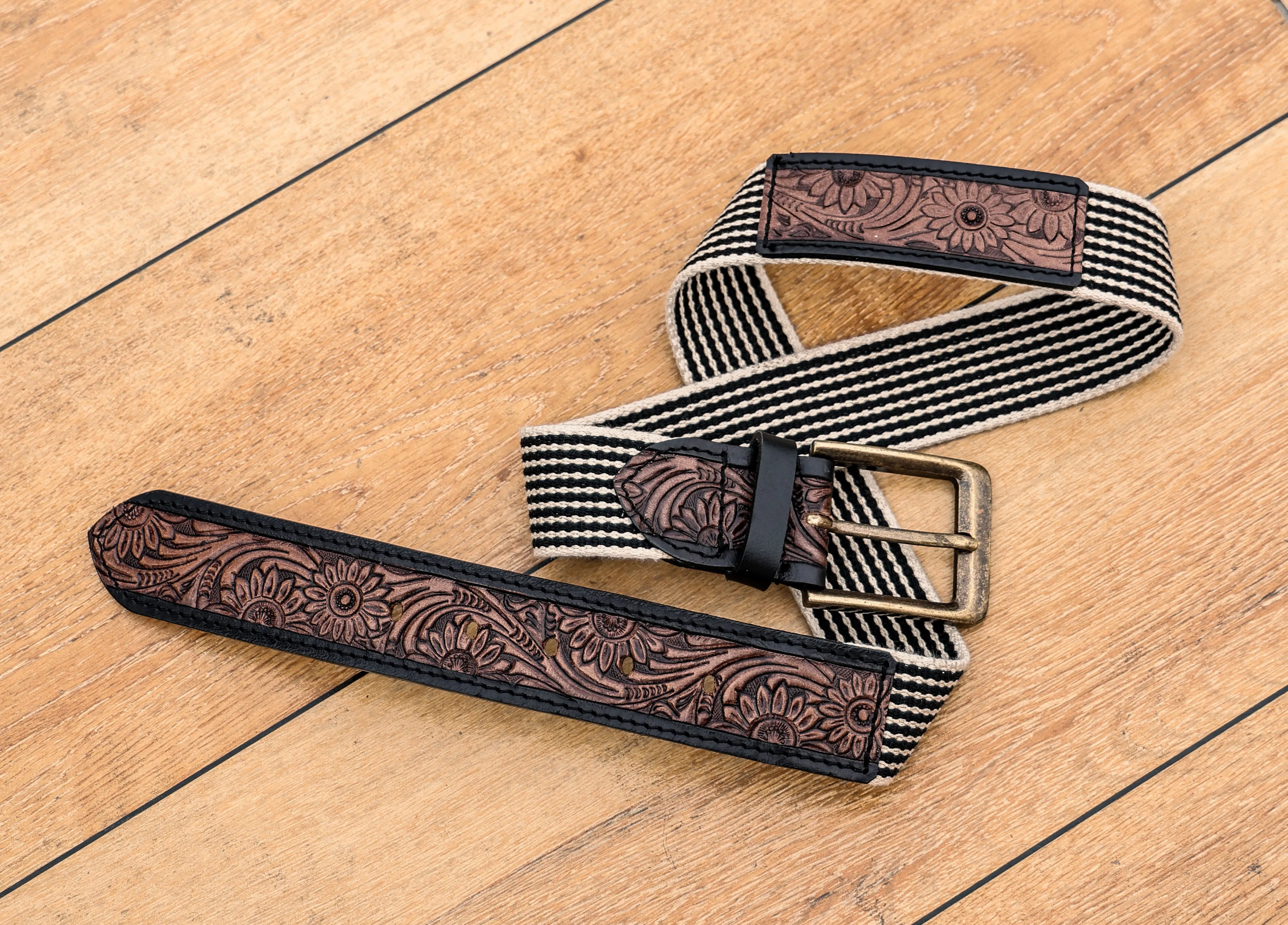 Artisan Elegance: Leather Hand-Tooled and Webbing Belt – A Perfect Blend of Tradition and Modern Style.    Art: LB-828