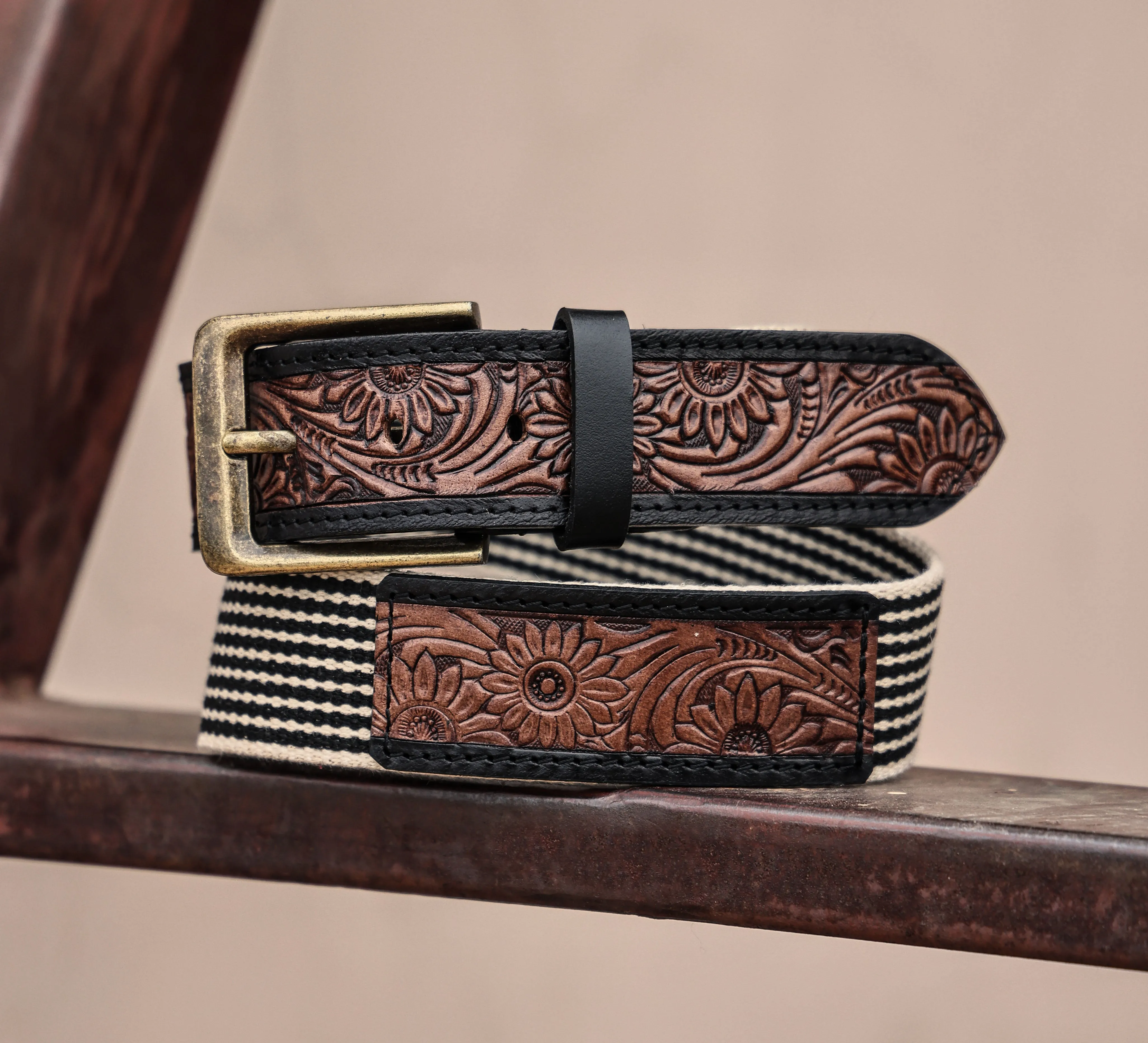 Artisan Elegance: Leather Hand-Tooled and Webbing Belt – A Perfect Blend of Tradition and Modern Style.    Art: LB-828