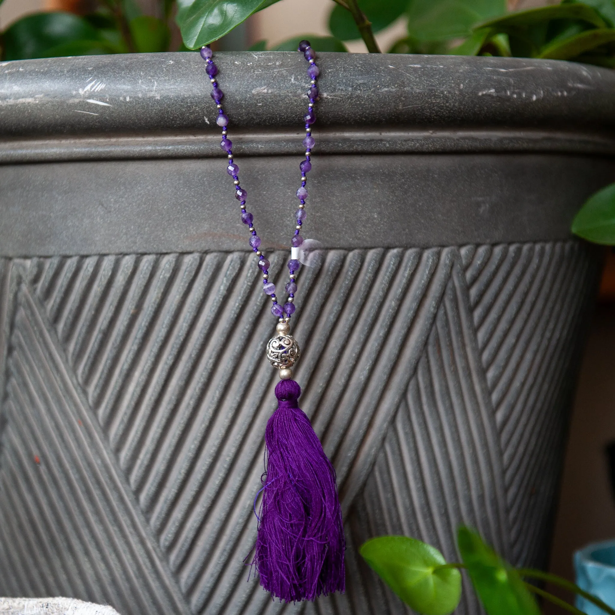 Bali Mala Bead Necklace w/Tassel (8mm)- Amethyst