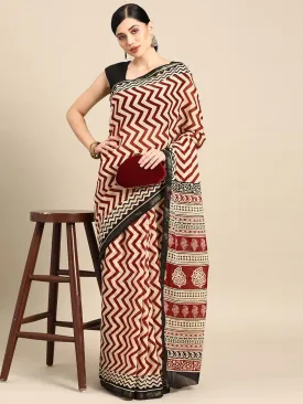 Beige Printed Cotton Saree