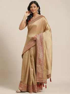 Beige Solid Silk Blend Saree