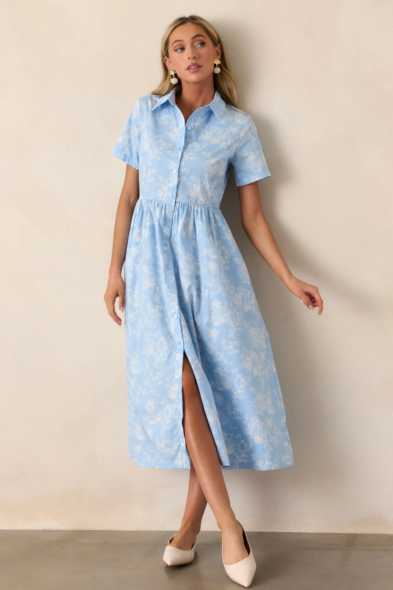 Believe It 100% Cotton Light Blue Toile Midi Dress