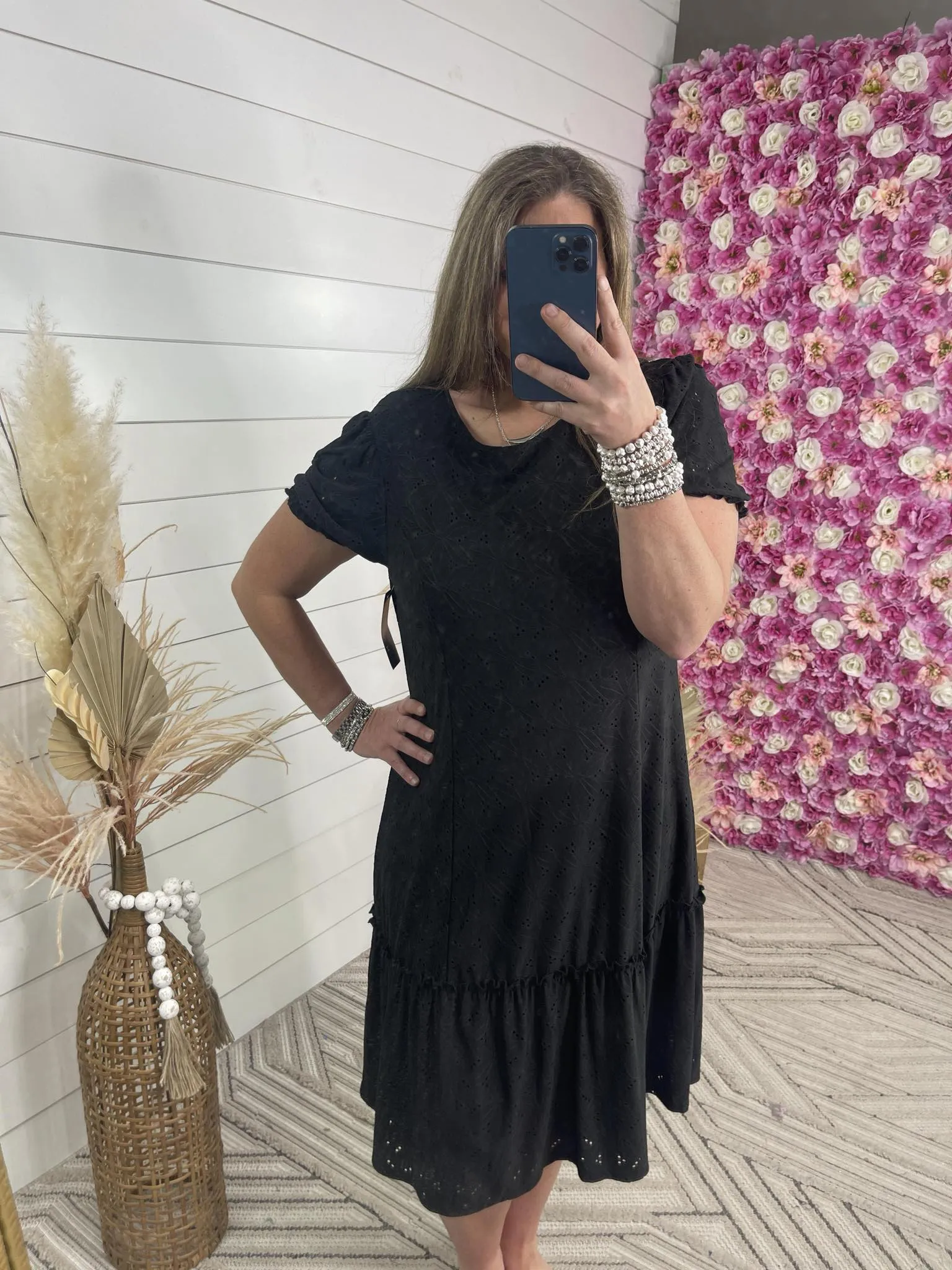 BLACK EYELET SHORT SLEEVE DRESS