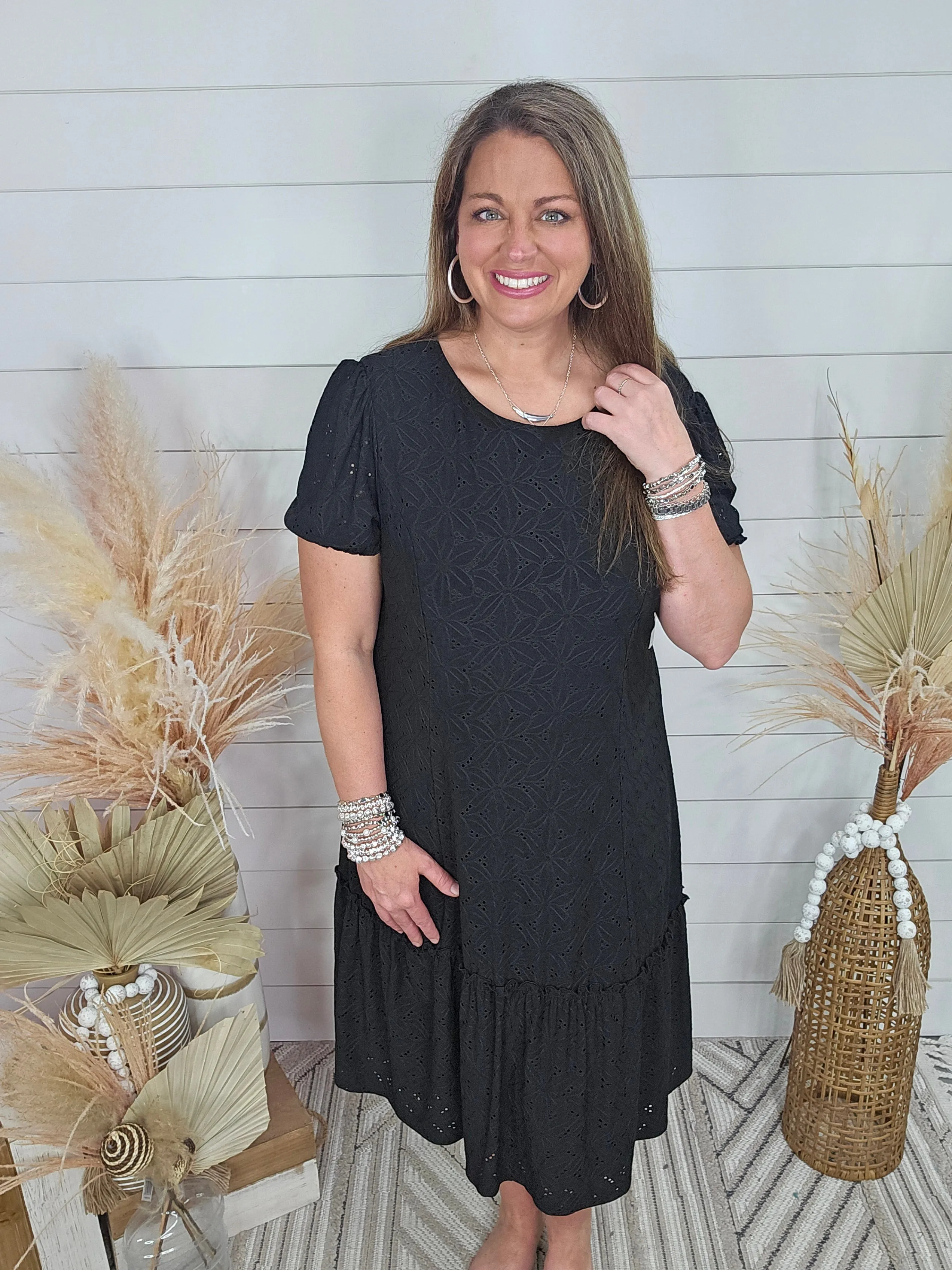 BLACK EYELET SHORT SLEEVE DRESS